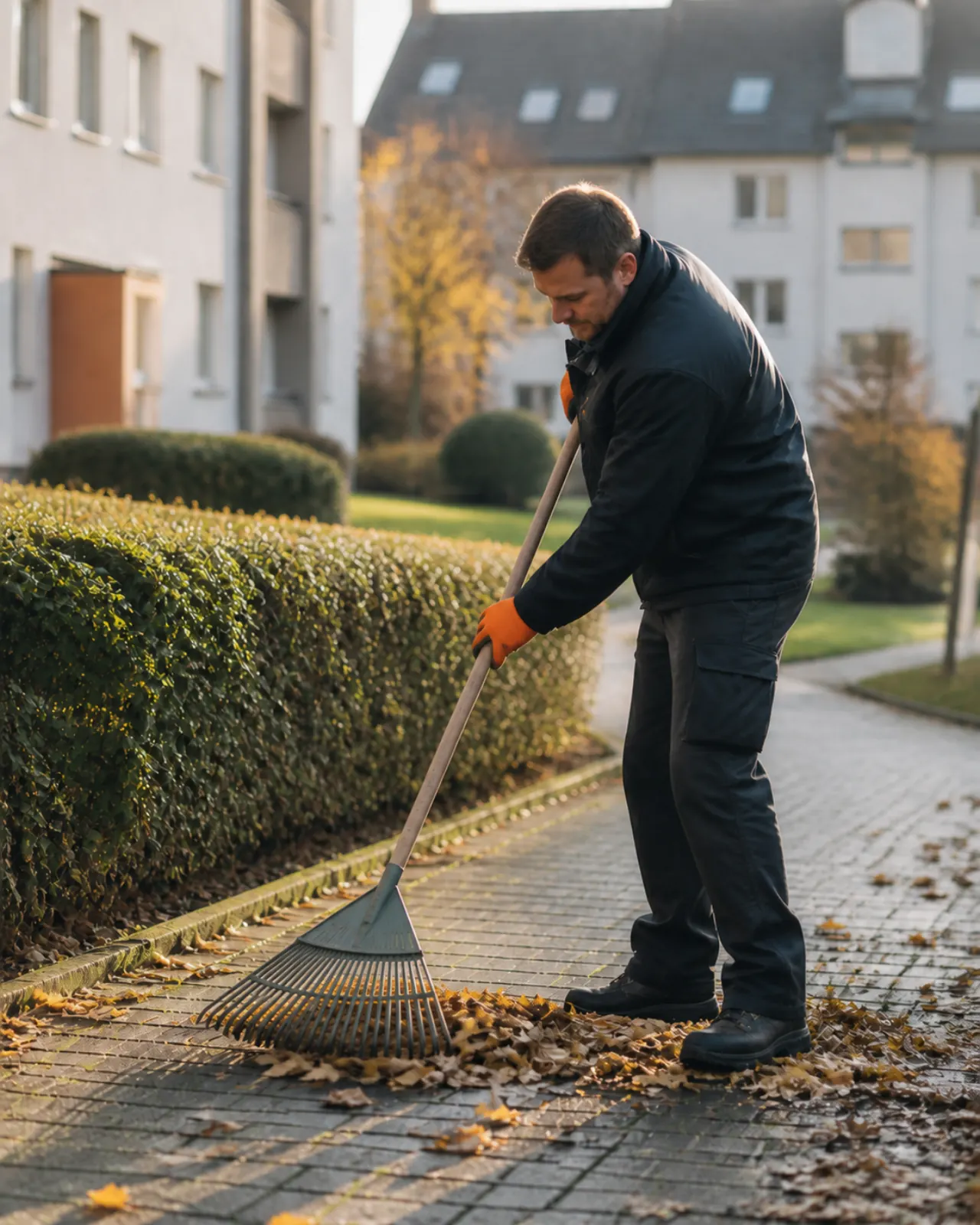 Hausmeister bei der Garten- und Außenpflege einer Wohnanlage