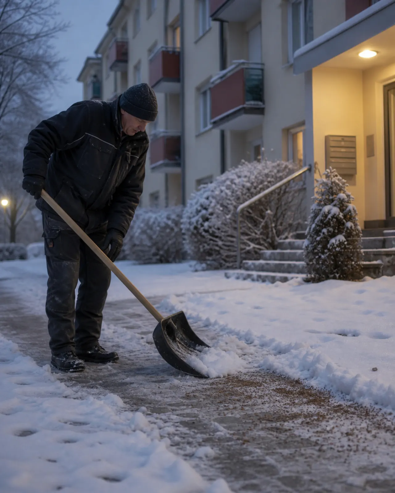 Winterdienst: Hausmeister räumt Schnee vor einer Wohnanlage